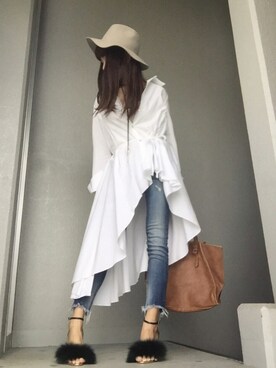 「Ungrid（アングリッド）のフレイドヘムストスリ（デニムパンツ）」を使った、cheryさん（レディース・156cm）の秋コーディネート