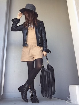 「フリンジバッグ」｜「アイテム（オールインワン・サロペット）」を使った、cheryさん（レディース・156cm）の秋コーディネート