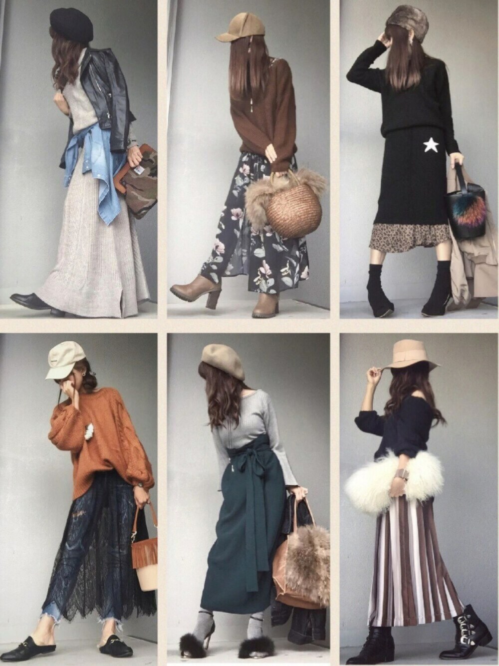 ブラック系のワンピース、グリーン系のスカート、ブルー系のデニムパンツを着用したレディースの冬コーディネートの1枚目の写真