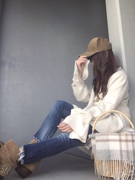 「Ungrid（アングリッド）のフレイドヘムストスリ（デニムパンツ）」を使った、cheryさん（レディース・156cm）の冬コーディネート