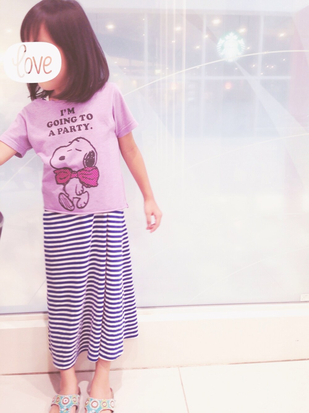 「サロン帰り、イラストT、ラクチンコーデ、UNIQLO、マキシ丈ワンピース、しましま、レイヤードスタイル」｜「UNIQLOのアイテム（Tシャツ/カットソー、パープル系）」を使った、2co”girlsさん（キッズ・110cm）の夏コーディネートの1枚目の写真