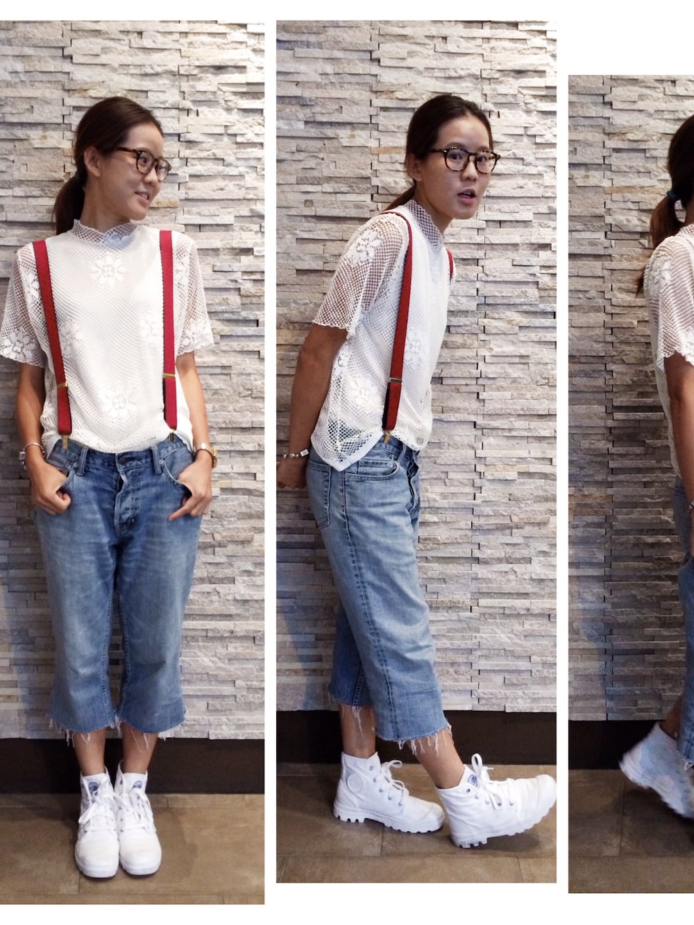 「vintage、古着、sheepdeskstyle、Hong Kong、WOMEN、サスペンダー、スニーカー」｜「PALLADIUMのPALLADIUM BLANC HI（ブーツ、ホワイト系）」を使った、yoyeung さん（レディース・165cm）の夏コーディネートの1枚目の写真