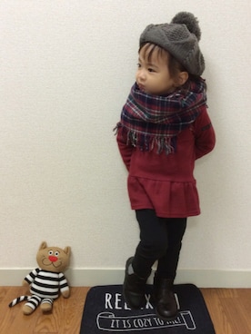 「ぺプラムトップス」｜「アイテム（ハンチング/ベレー帽）」を使った、as-pさん（キッズ・80cm）の秋コーディネート