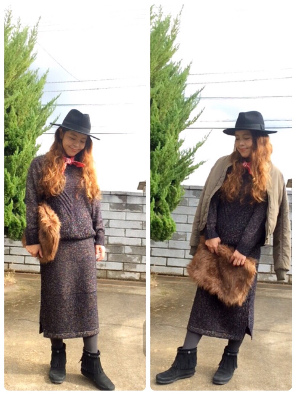 「OUTER FES 2015、ニットアップ、GU、フェルトハット、チビーズ✳︎、MA-1、ファー小物、休日スタイル、秋のコーデ、プチプラ」｜「H&Mのアイテム（ハット、ブラック系）」を使った、Rさん（レディース・152cm）の秋コーディネートの1枚目の写真
