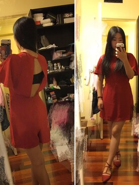 「アイテム（つなぎ/オールインワン、レッド系）」を使った、莓兒-さん（レディース・157cm）の春コーディネート