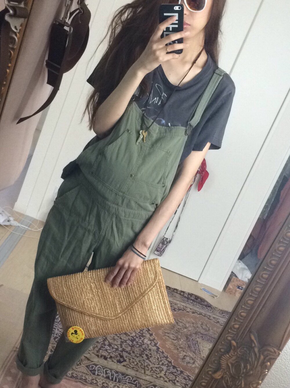 「Ungrid、オールインワン、vintage、ロックT、マタニティ、マタニティーコーデ」｜「Ungridのアイテム（つなぎ/オールインワン、グリーン系）」を使った、sayakaさん（レディース・162cm）の夏コーディネートの1枚目の写真