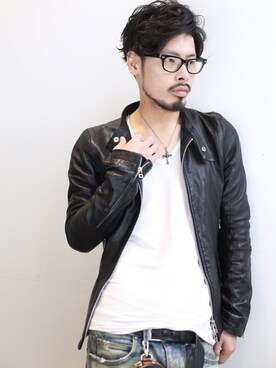 「黒縁メガネ」｜「アイテム（ライダースジャケット）」を使った、Takashi  Ichihashiさん（メンズ・173cm）の春コーディネート