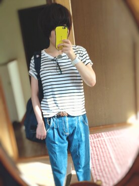 「WEGO（ウィゴー）のWEGO/USAコットンUネックTシャツ（Tシャツ/カットソー、ホワイト系）」を使った、きじとらこさん（レディース・153cm）の秋コーディネート