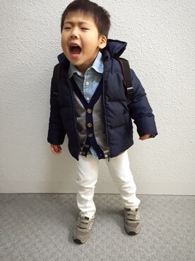 「無印良品（ムジルシリョウヒン）のアイテム（ダウンジャケット/コート）」を使った、Ryuseiさん（キッズ・90cm）の冬コーディネート