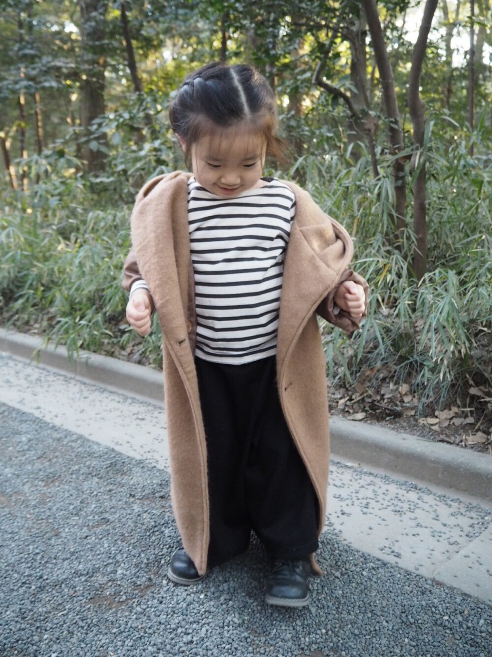 「キッズコーデ、キッズファッション、kids、プチプラ、3歳、女の子、おんなのこ、親子コーデ、リンクコーデ」｜「E hyphen world galleryのアイテム（ジャケット/アウター、その他）」を使った、yuaさん（キッズ・90cm）の冬コーディネートの1枚目の写真