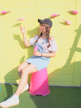 「カフェ」｜「アイテム（サロペット/オーバーオール）」を使った、ゆめなさん（レディース・158cm）の夏コーディネート