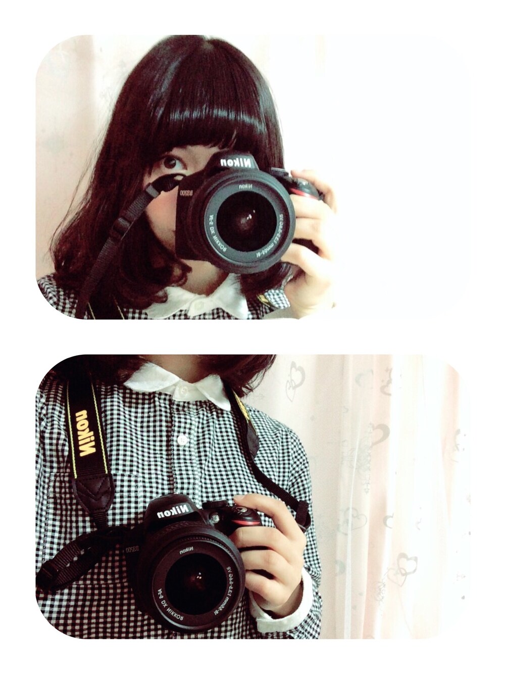 「カメラ、カメラ女子、一眼レフ、Nikon、ボブ、ミディアムヘア、ナチュラル」｜「Nikonのアイテム（カメラ/カメラグッズ、ブラック系）」を使った、EMiさん（レディース・154cm）の冬コーディネートの1枚目の写真