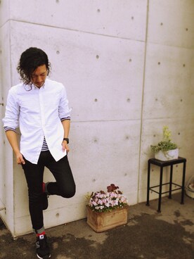 「BLUE WORK（ブルーワーク）のアイテム（トップス）」を使った、後藤友弘さん（メンズ・177cm）の春コーディネート