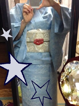 「水色紬と鎌倉彫帯留。（浴衣、ブルー系）」を使った、ミート君さん（レディース）の春コーディネート