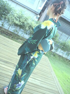 「アイテム（浴衣、グリーン系）」を使った、羽 蘭さん（レディース・158cm）の夏コーディネート