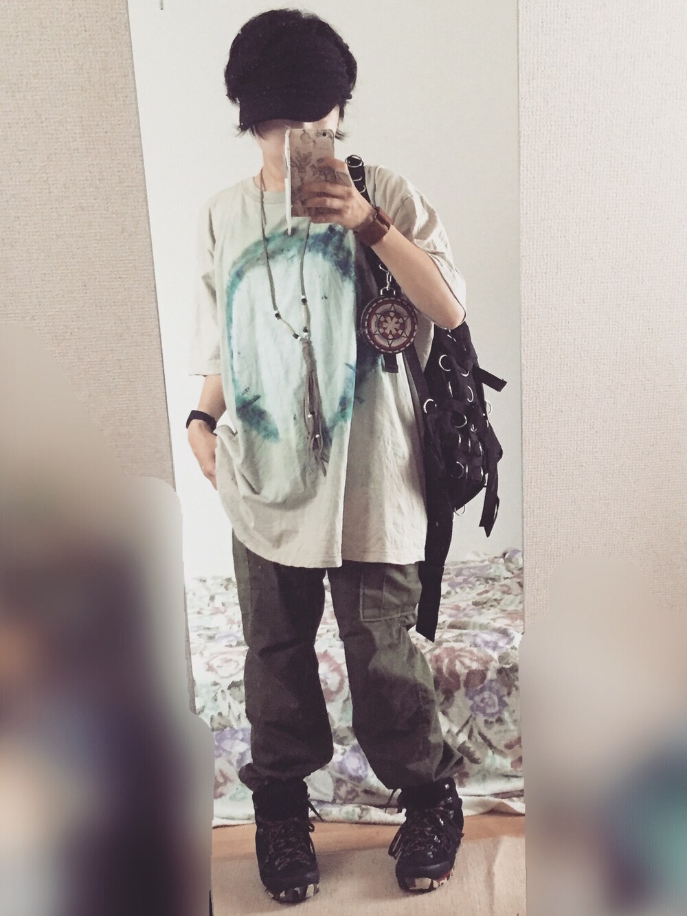 「blackmeans、軍パン、gara、コインケース、サンバイザー」｜「Columbiaのアイテム（スニーカー、ブラック系）」を使った、tomさん（レディース・156cm）の夏コーディネートの1枚目の写真