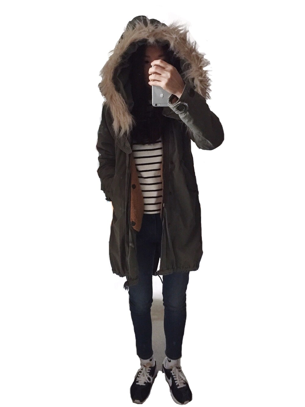 「ootd、dailylook、lookbook、code、寒い、コーデュロイ、N3B、stripe、rosheLD、ld1000」｜「RNAのアイテム（ミリタリージャケット、グリーン系）」を使った、Kiannbooさん（レディース・163cm）の冬コーディネートの1枚目の写真
