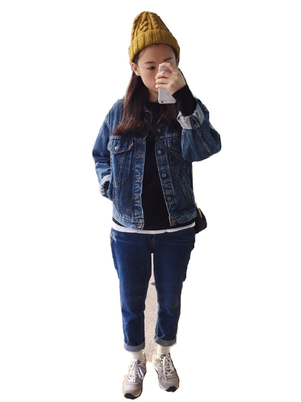 「ootd、denim、vintage、blue、outfit、574、コーデュロイ、今日のコーデ」｜「niko and...の【niko and...】ORネパールカラーワッチ（ニットキャップ/ビーニー、ホワイト系）」を使った、Kiannbooさん（レディース・163cm）の冬コーディネートの1枚目の写真