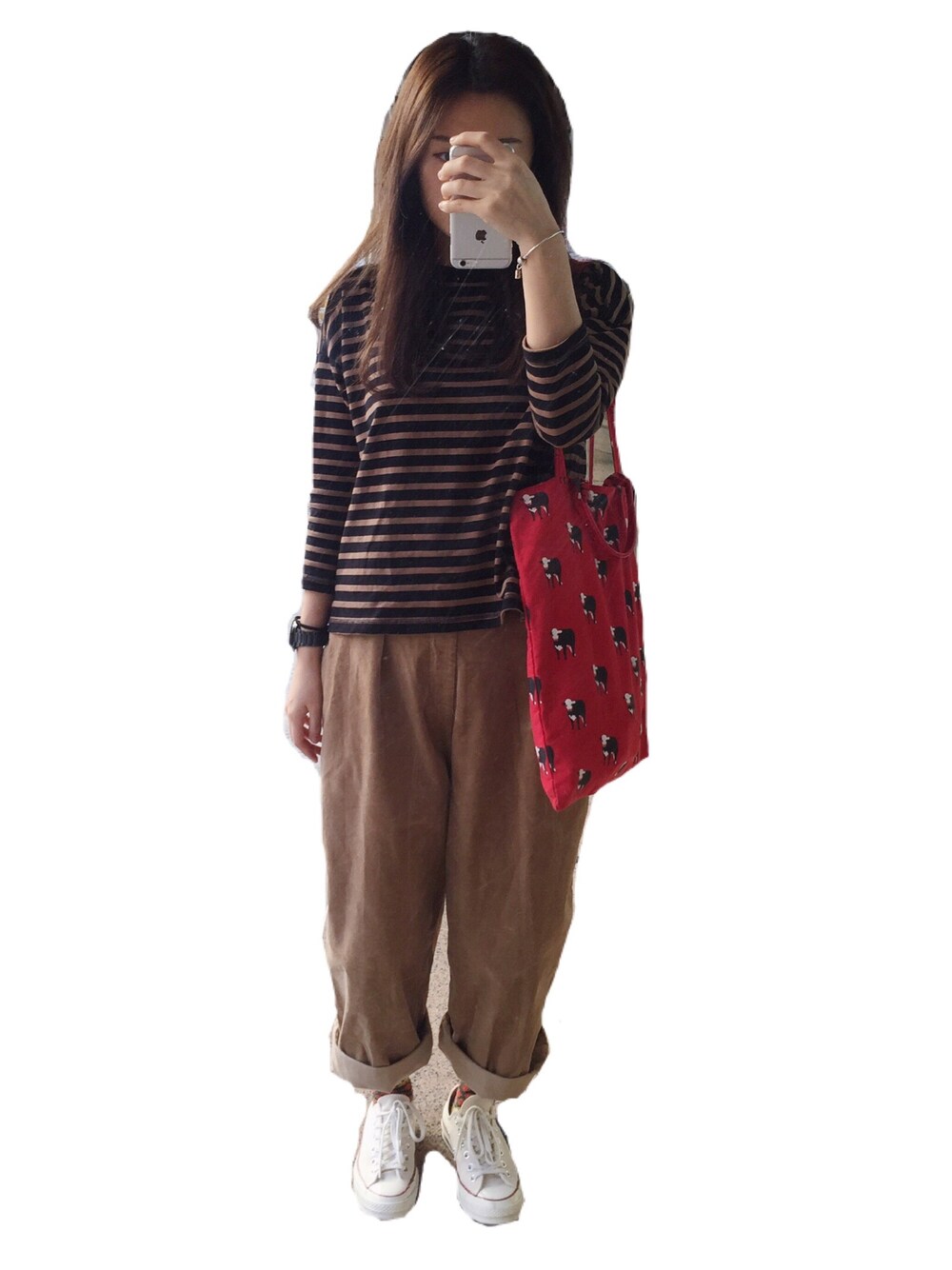 「ootd、daily look、loose fit、niko and 、outfit、lookbook」｜「ORCIVALのORCIVAL ボートネック７分ボーダー【niko and...】（Tシャツ/カットソー、ブラウン系）」を使った、Kiannbooさん（レディース・163cm）の冬コーディネートの1枚目の写真