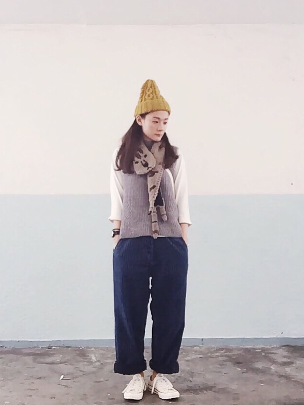 「ootd、daily look、lookbook、denim、vintage、boyish、春コーデ」｜「niko and...の【niko and...】ORネパールカラーワッチ（ニットキャップ/ビーニー、ホワイト系）」を使った、Kiannbooさん（レディース・163cm）の冬コーディネートの1枚目の写真