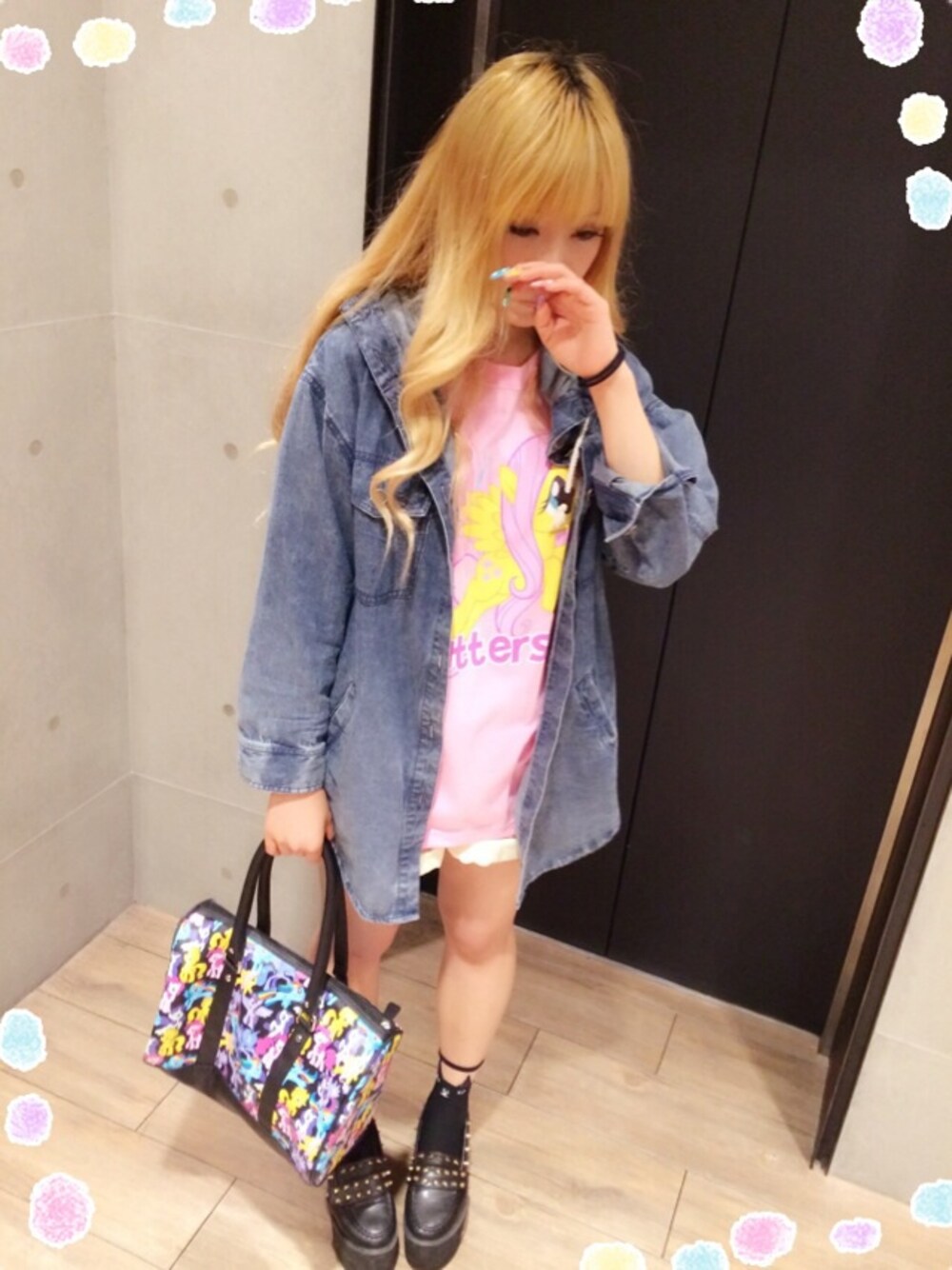 「キャラT、ガーリーコーデ、パニカム、マイリトルポニー」｜「パニカムのフラッターシャイTシャツ（Tシャツ/カットソー、ピンク系）」を使った、もぇこ＊さん（レディース・157cm）の春コーディネートの1枚目の写真