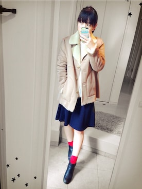 「ヒール×靴下」｜「アイテム（ムートンコート）」を使った、R♡さん（レディース・158cm）の冬コーディネート