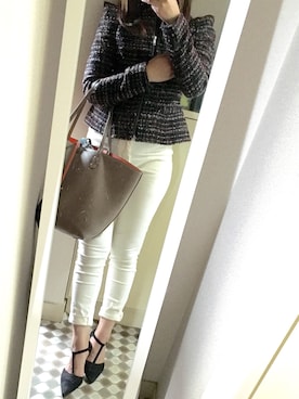 「SLY（スライ）のアイテム（ノーカラージャケット）」を使った、KINYUIさん（レディース・158cm）の冬コーディネート