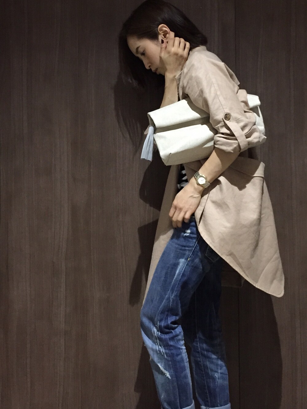 「トレンチコート、こなれ感、お買い物」｜「ROSE BUDのアイテム（トレンチコート、ベージュ系）」を使った、tinyさん（レディース・148cm）の夏コーディネートの1枚目の写真