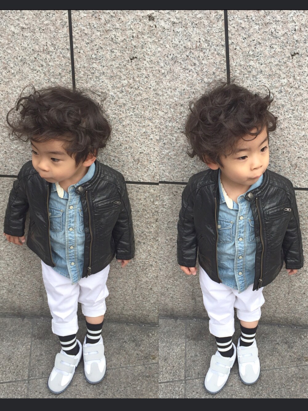 「ライダース、ナイキ、babygap、デニムシャツ、おとこのこ、白パンツ、UNIQLO」｜「エイチアンドエムのアイテム（ライダースジャケット、ブラック系）」を使った、kotakojiさん（キッズ・90cm）の春コーディネートの1枚目の写真