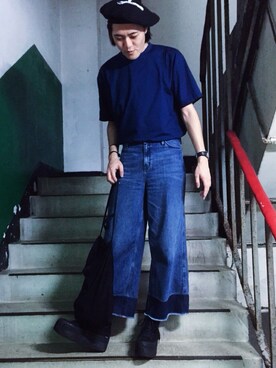 「blue」｜「アイテム（ハンチング/ベレー帽）」を使った、Juunさん（メンズ・178cm）の秋コーディネート