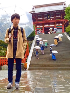 「アイテム（ステンカラーコート）」を使った、サンダースさん（メンズ・176cm・10代）の春コーディネート