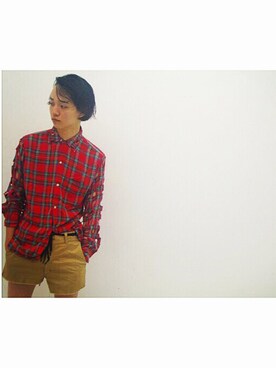 「developonespersonalityのアイテム（シャツ/ブラウス、レッド系）」を使った、Nobuさん（メンズ・172cm）の夏コーディネート