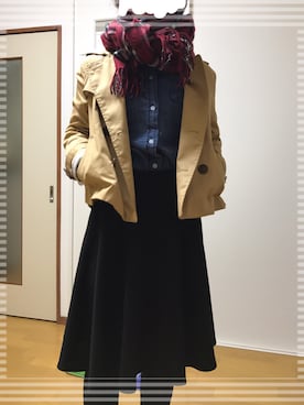 「赤チェック」｜「アイテム（トレンチコート）」を使った、たけむさん（レディース・151cm）の秋コーディネート