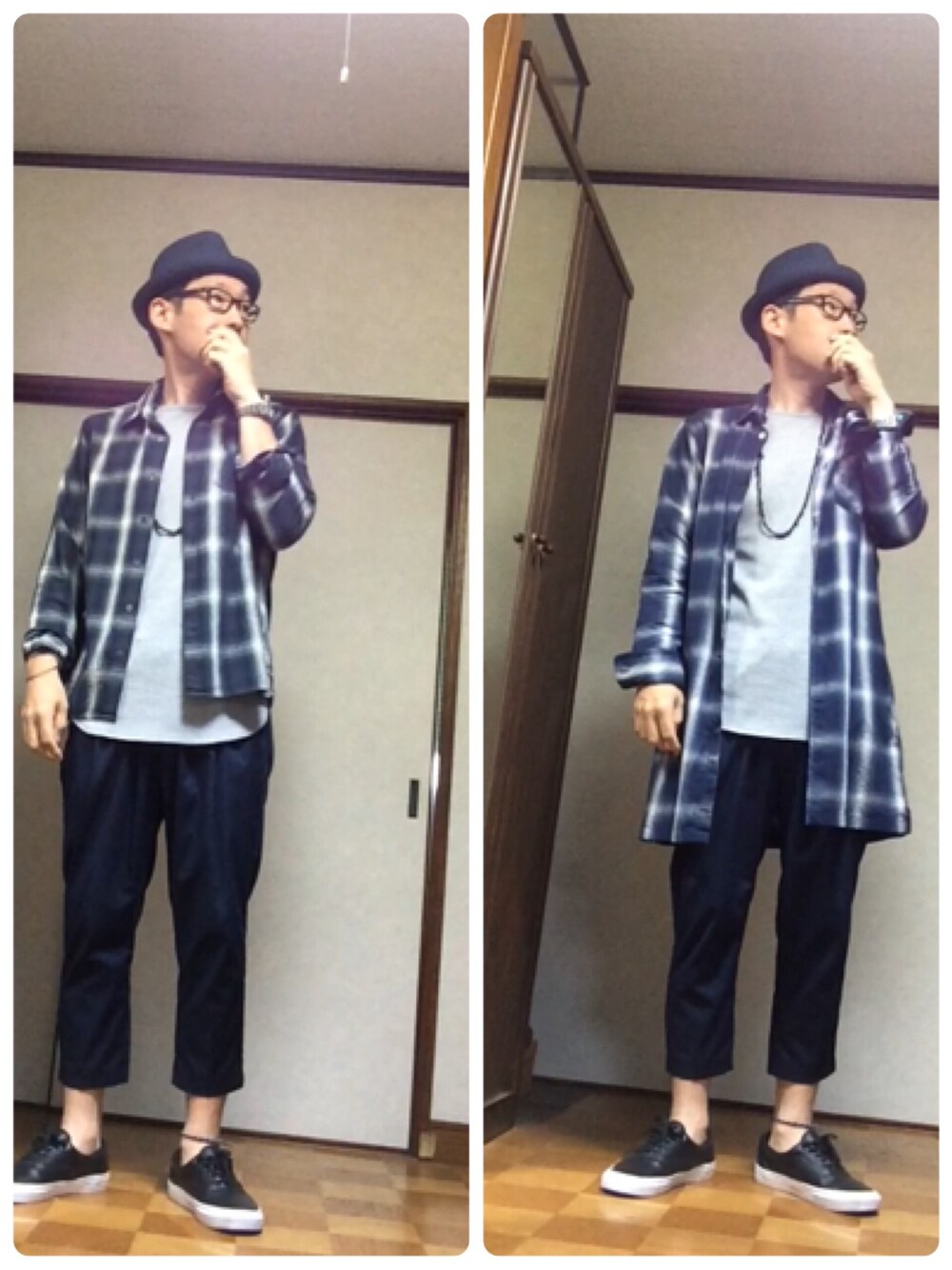 グレー系のシャツ/ブラウス、ブルー系のシャツ/ブラウス、ホワイト系のTシャツ/カットソーを着用したメンズの秋コーディネートの1枚目の写真