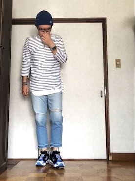 「切りっぱなし」｜「アイテム（ニットキャップ/ビーニー）」を使った、そらさん（メンズ・174cm）の春コーディネート