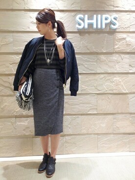 「SHIPS for women」｜「アイテム（MA-1）」を使った、岡田さん（レディース・162cm）の秋コーディネート