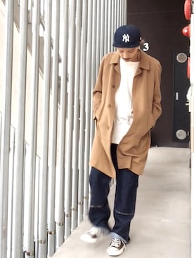 「ペインターパンツ」｜「アイテム（ステンカラーコート）」を使った、さん（メンズ・177cm）の秋コーディネート