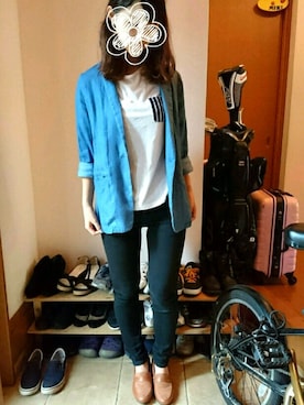 「GLOBAL WORK（グローバルワーク）のアイテム（テーラードジャケット、ブルー系）」を使った、miki❀さん（レディース・161cm）の夏コーディネート