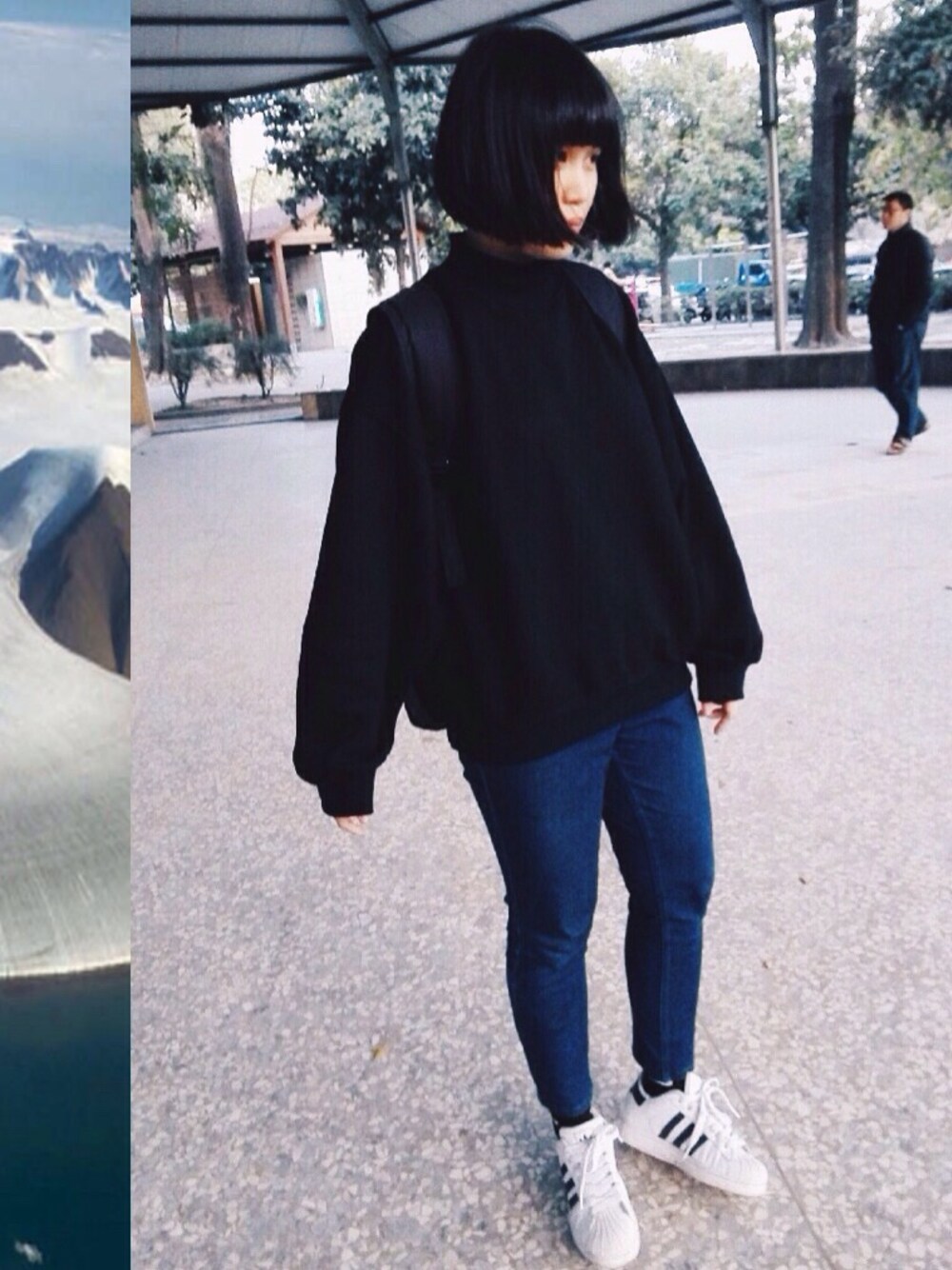 「Taiwan、girl、black、blue、white、denim、ootd、adidas、NIKE、casual」｜「cece.tのアイテム（その他トップス、ブラック系）」を使った、VVVさん（レディース・157cm）の冬コーディネートの1枚目の写真