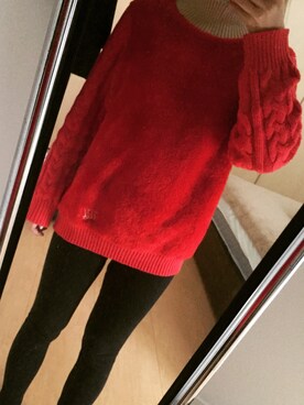 「アイテム（チュニック、レッド系）」を使った、RINAさん（レディース・148cm）の冬コーディネート