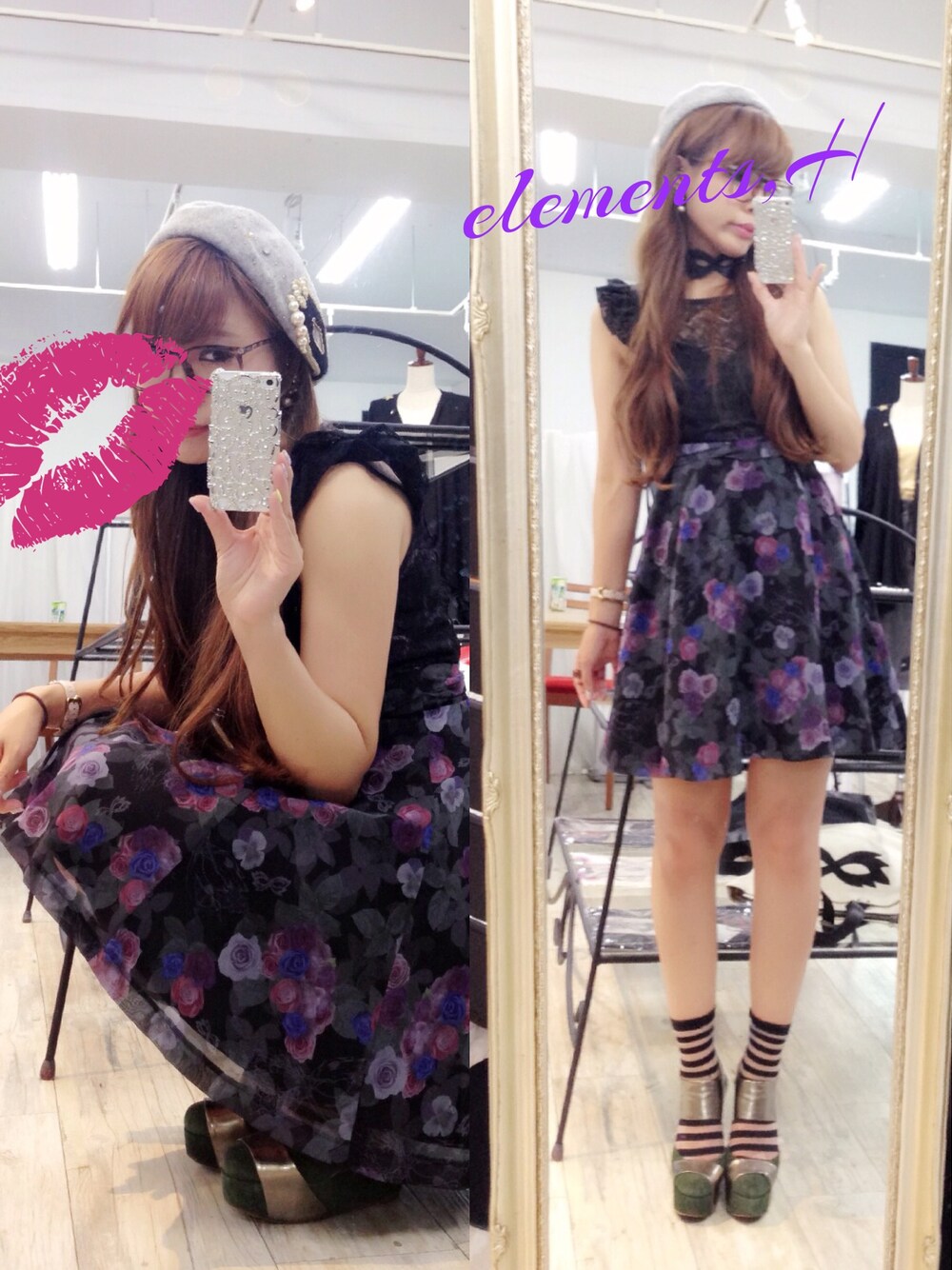 「首つまり、チョーカー、Q-pot.、JEFFREY CAMPBELL、パーティースタイル、柄ワンピース、ベレー帽、エレメンツアッシュ、elements,H」｜「elements,Hのブーケシフォンドレス
elements,H（ワンピース、ブラック系）」を使った、Mitsubaさん（レディース・160cm）の夏コーディネートの1枚目の写真