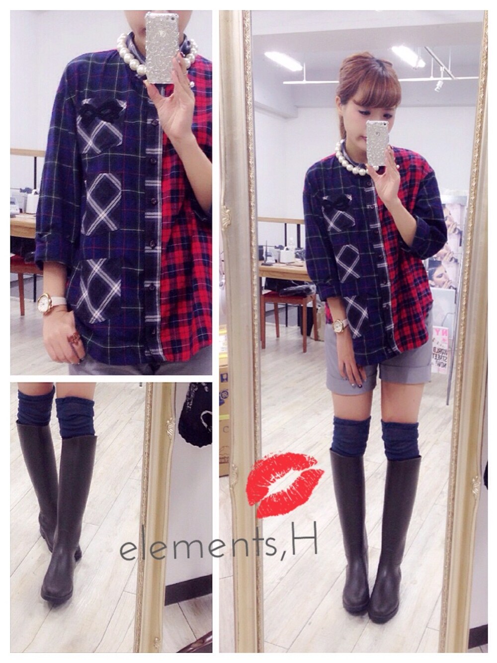「タックパンツ、パールネックレス、スポーツミックス、長靴、チェックシャツ、エレメンツアッシュ、elements,H、ニーハイソックス」｜「elements,Hのチェックアソートシャツ（シャツ/ブラウス、その他）」を使った、Mitsubaさん（レディース・160cm）の秋コーディネートの1枚目の写真