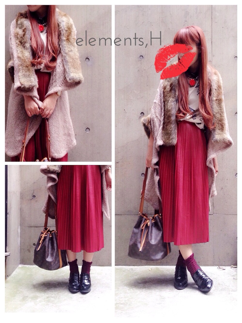 「ファー小物、ソックス×パンプス、レザースカート、プリーツスカート、大判ストール、エレメンツアッシュ、elements,H」｜「elements,HのANTIQUE MOTIFブラウス（シャツ/ブラウス、ベージュ系）」を使った、Mitsubaさん（レディース・160cm）の秋コーディネートの1枚目の写真
