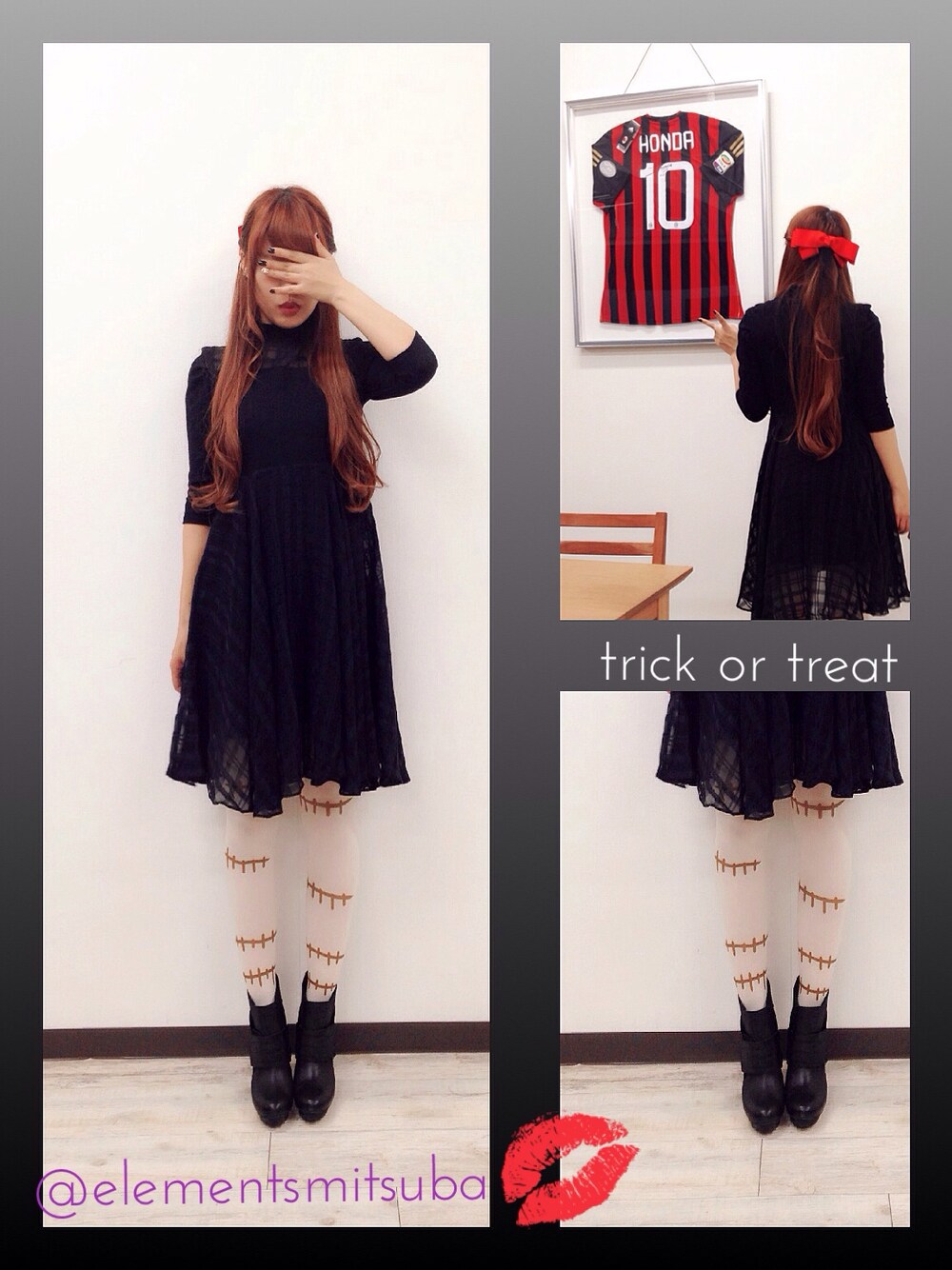 「WEAR HALLOWEEN 2014、ドッキングワンピ、白タイツ、赤リボン、ゾンビ、ニットワンピ」｜「ROSE BUDのアイテム（ワンピース、ブラック系）」を使った、Mitsubaさん（レディース・160cm）の秋コーディネートの1枚目の写真