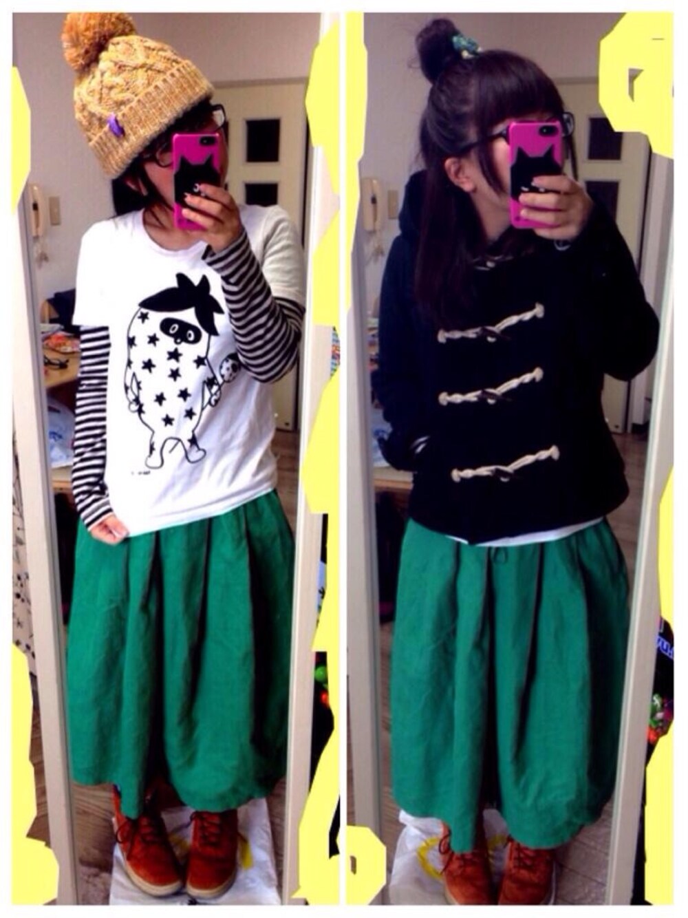 ホワイト系のTシャツ/カットソー、グリーン系のスカートを着用したレディースの冬コーディネートの1枚目の写真