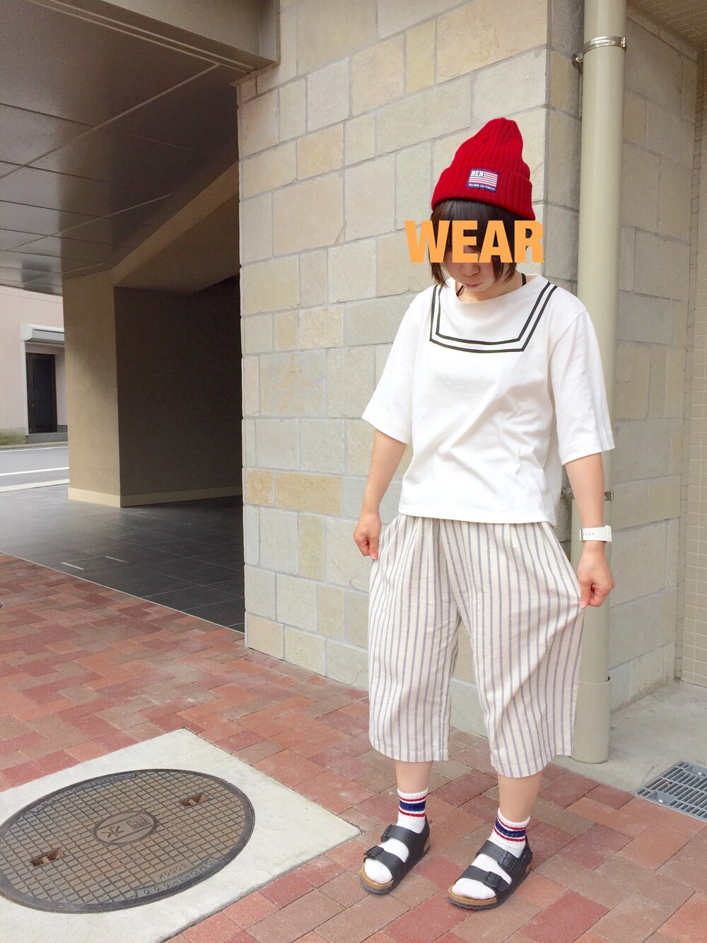 「ホワイトコーデ、ガウチョパンツ、ニット帽、ビルケンシュトック、セーラーカラー」｜「RETRO GIRLのアイテム（Tシャツ/カットソー、ホワイト系）」を使った、yukari-nさん（レディース・161cm）の夏コーディネートの1枚目の写真