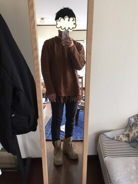 「WEGO（ウィゴー）のWEGO/フリンジケーブルニット（ニット/セーター、ブラウン系）」を使った、Ariaさん（メンズ）の春コーディネート