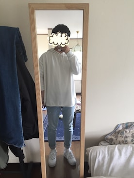 「WEGO（ウィゴー）のWEGO/ドロップヘビー裏毛パーカー（パーカー、ホワイト系）」を使った、Ariaさん（メンズ）の春コーディネート