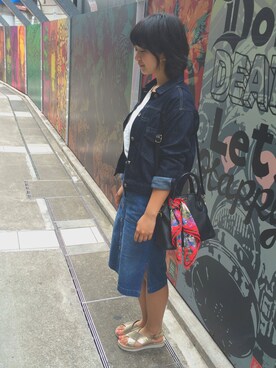 「w closet（ダブルクローゼット）の長袖Gジャン（デニムジャケット、ブルー系）」を使った、YUIさん（レディース・166cm）の春コーディネート