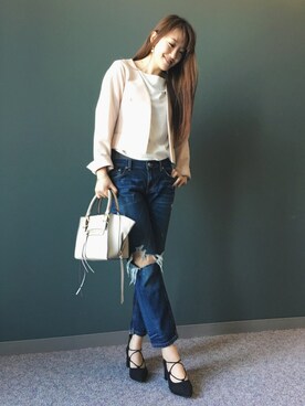 「RANDA（ランダ）のアイテム（ノーカラージャケット）」を使った、satomamiさん（レディース・164cm）の冬コーディネート